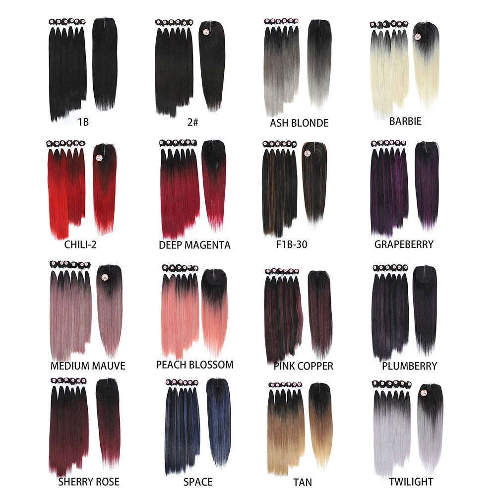 Synthetic Hair Weaving Bundles with 4*4 Clousure Lace Frontal Ombre Wig Natural Wave Straight Hair Extensions Soku Hair Weave