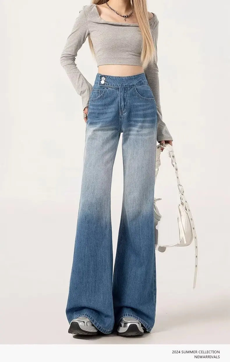 Slimming High-waisted Jeans for Women Spring Summer Pear-shaped Loose-fit Wide leg Jean Pants Bell Bottoms Female Denim Trousers