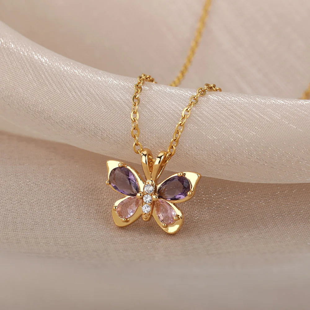 Cute Butterfly Necklace For Women Stainless Steel Crystal Purple Zircon Aesthetic Necklaces Charms Collar Choker Party Jewelry