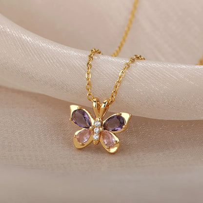 Cute Butterfly Necklace For Women Stainless Steel Crystal Purple Zircon Aesthetic Necklaces Charms Collar Choker Party Jewelry