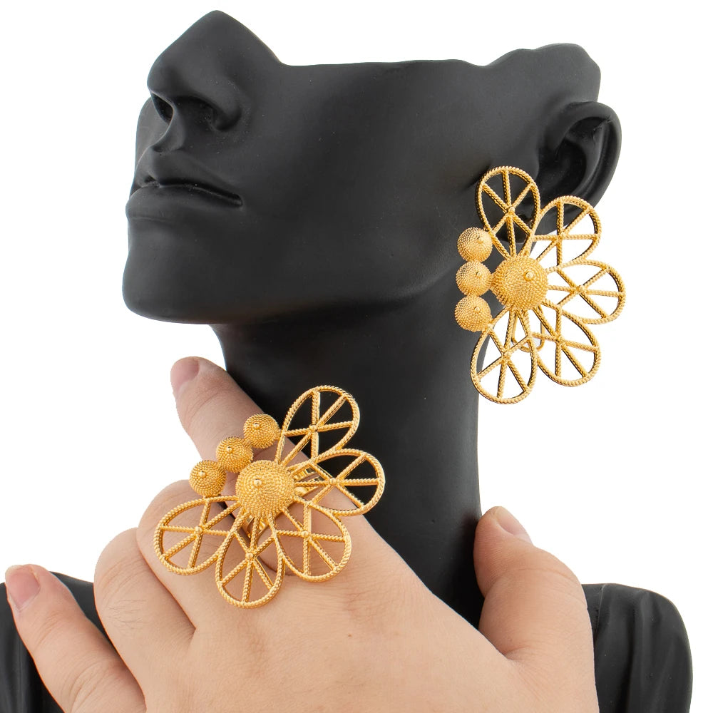 Earrings Jewelry Set for Women African 18k Gold Color Earrings with Ring Unusual Design Ear Accessories Girls Lover Daily Gifts