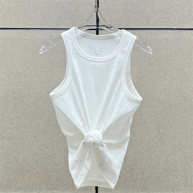 Women t-shirts New twisted flower knotted sleeveless top for summer 2025 Elastic slim pure cotton women's vest corset crop top