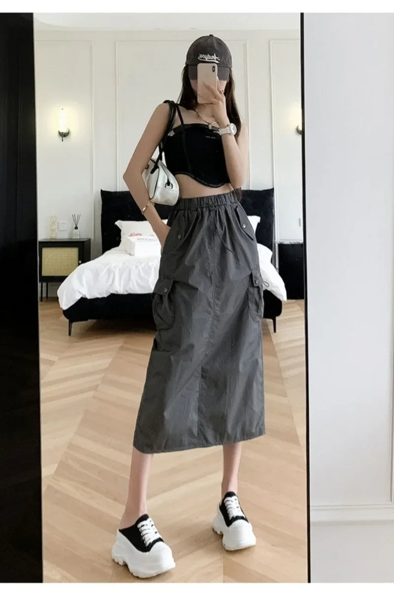Skirts for Women Spring Summer Drawstring Workwear Half-body Skirt Split Mid-length Skirt Pure Color Package Hip One-Step Skirt