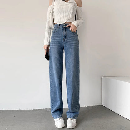 Women's Jeans Autumn High Waist Loose Straight Denim Pants Black Blue Fashion Korean Street Stretch Soft Comfortable Trousers