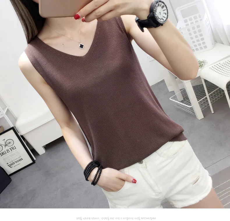 Top women Summer V Neck Hollow Knitted Vest Sleeveless Casual Tank Blusas Tops Sheer Mesh Patchwork T Shirt Bottom Camisole 2019