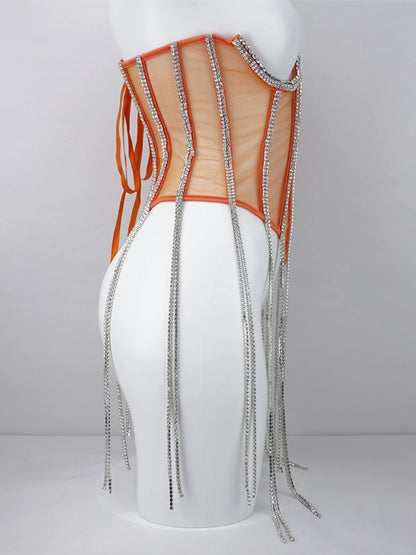 Women Tunic Bras In Waist Corset Tops Fashion Diamond Luxury Diamond Tassel Corset Slim Vest Sexy Tmesh Sheer Top Female 2025