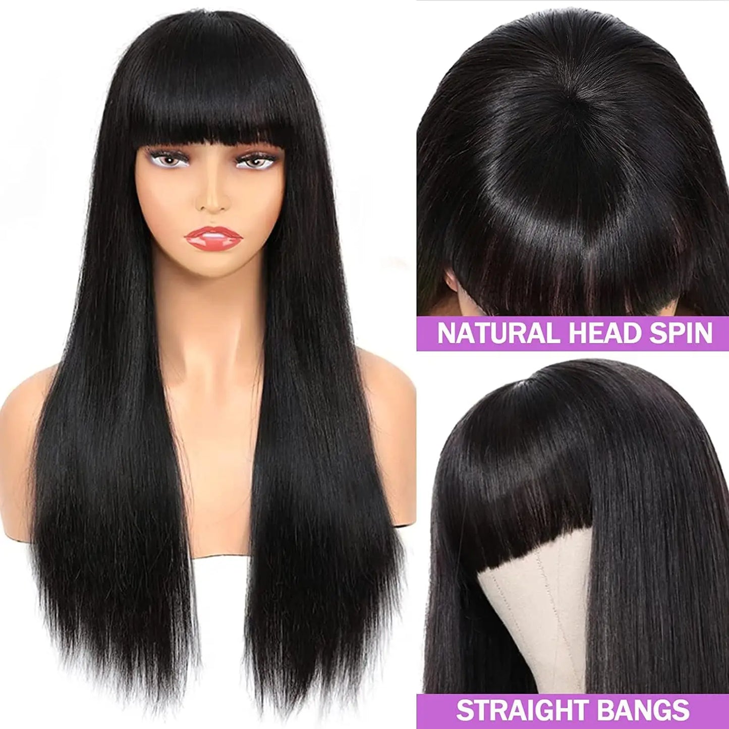 Wig With Bangs Bone Straight Human Hair Wigs For Women Brazilian Natural Cheap Full Machine Made Wigs 22 24 Inch Long Wig