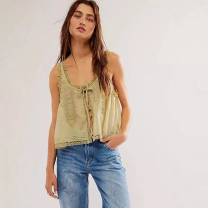 Sleeveless Tank Tops For Women Blouses Summer Boho Beach Wear 100%Cotton Splicing lace Shirts Loose Casual Ladies Blusas Camis