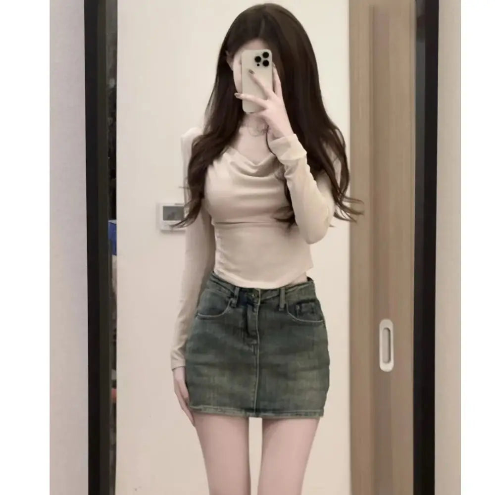 Fashion High Waist Mini Skirt Retro Slim Fit Short Skirt A-Line Casual Jean Skirt Girls