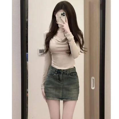 Fashion High Waist Mini Skirt Retro Slim Fit Short Skirt A-Line Casual Jean Skirt Girls