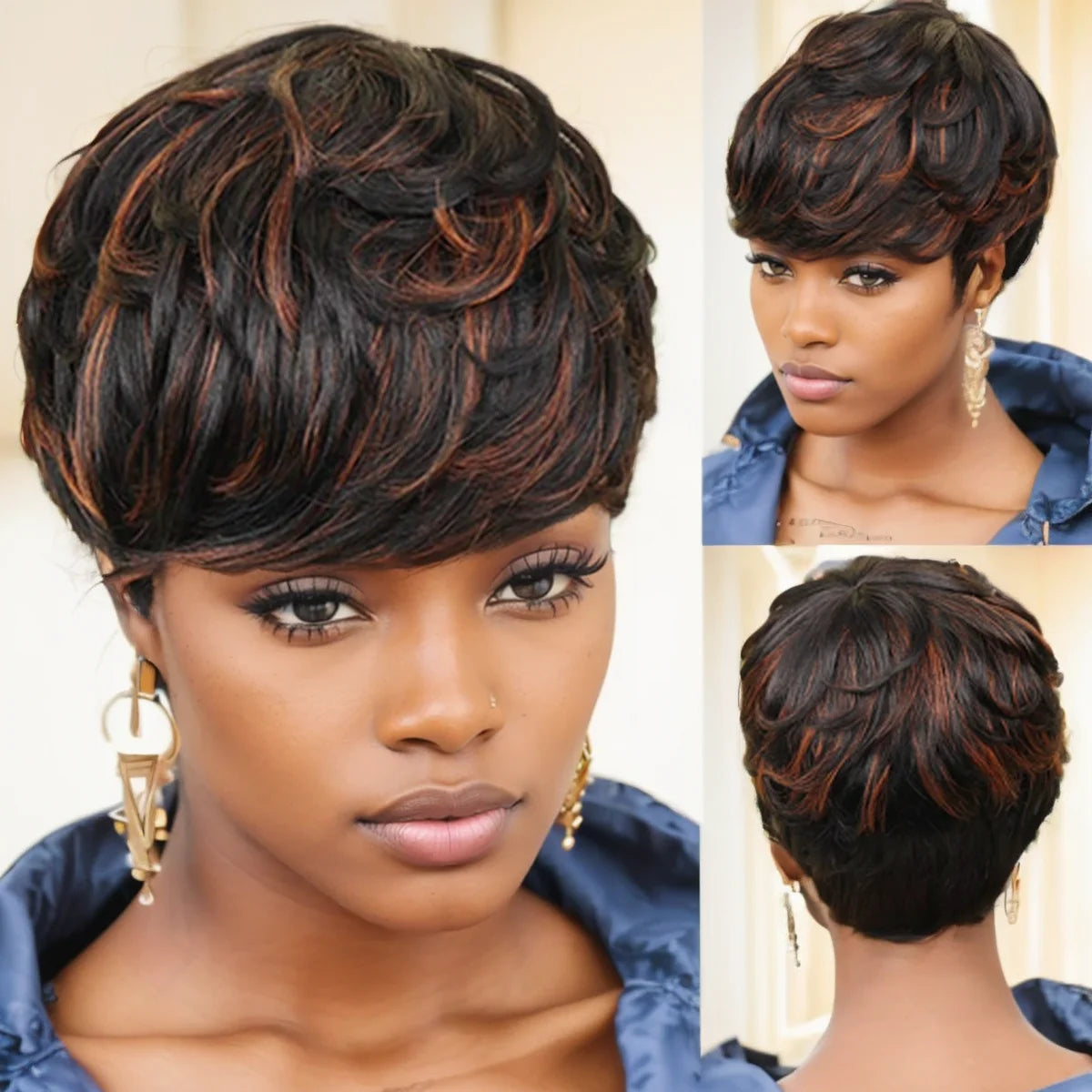 WIGERA  Highlight Synthetic Wigs Short Straight  Pixie Cut Hair Bob Wig Honey Gold Mix Black  Hair For Woman