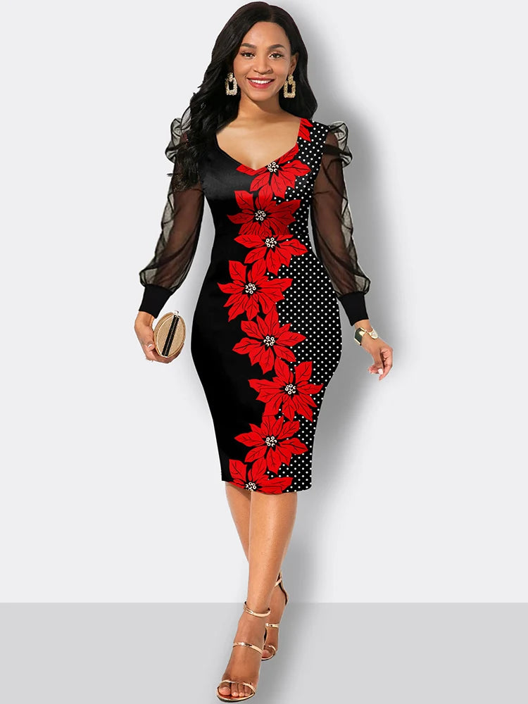 Party Dresses For Women 2023 Fashion Elegant Print Bodycon Dress Summer Vintage Sexy V Neck Lace Patchwork Slim Work Dresses