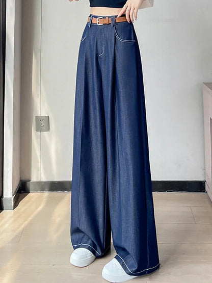 Women's Casual Basic Style Tencel Soft Ice Silk High Waisted Straight Jeans Female Commute Wide-Leg Light Blue Jeans