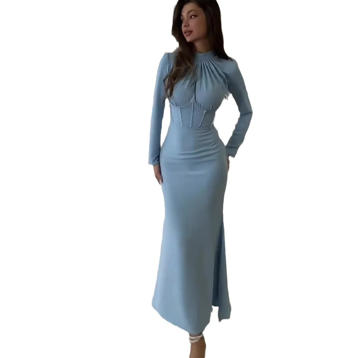 Women Muslim Dresses Slim Party Evening Dress Long Sleeve Pleated Lace-up Irregular Robe Maxi Dress Dubai Abaya Elegant Vestidos