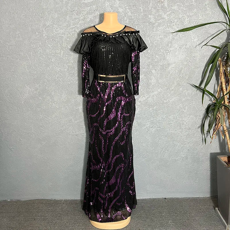 African Dresses For Women 2022 Lady Elegant Glittering Evening Dress Sparkle Sequin Sexy Sheath Maxi Party Gowns Come With Belt
