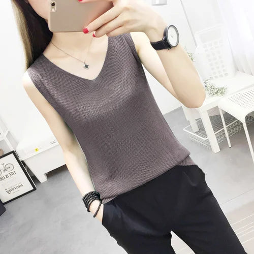 Top women Summer V Neck Hollow Knitted Vest Sleeveless Casual Tank Blusas Tops Sheer Mesh Patchwork T Shirt Bottom Camisole 2019