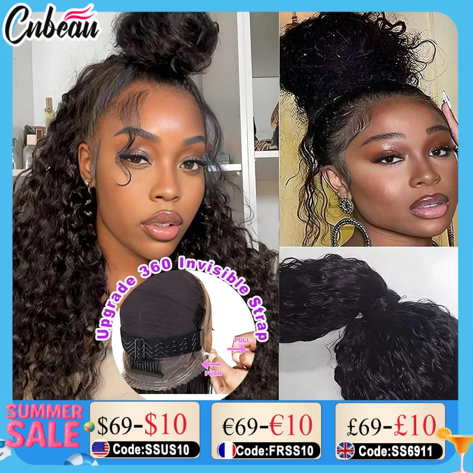 Invisi Strap Water Wave High 250 Density 360 Full Lace Front Kinky Curly Wig 30 inch Black Human Hair Drawstring Snug Preplucked