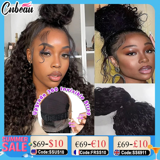 Invisi Strap Water Wave High 250 Density 360 Full Lace Front Kinky Curly Wig 30 inch Black Human Hair Drawstring Snug Preplucked
