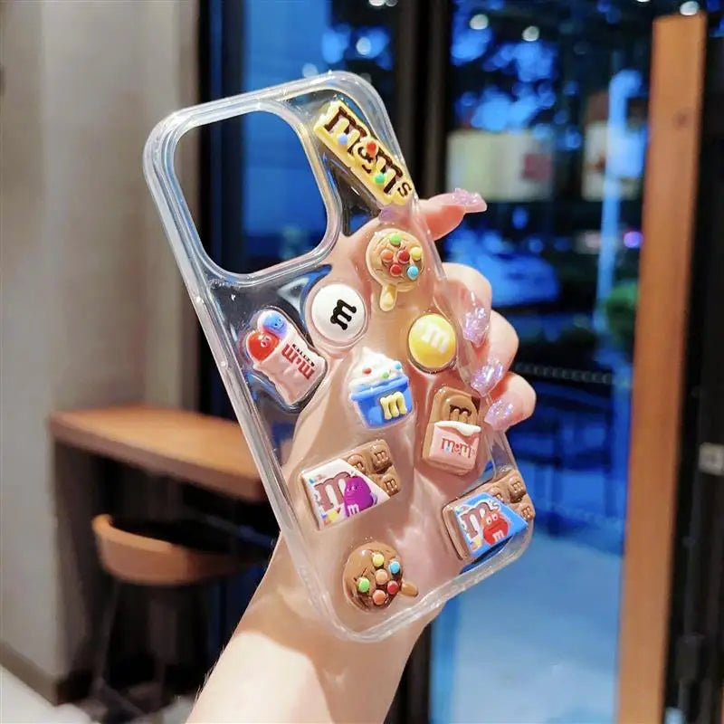 Super Cute M beans chocolate Phone Case for iPhone 16 15 14 13 12 11 Pro Max Cases Silicone Cover Transparent 3D Cartoon Funda