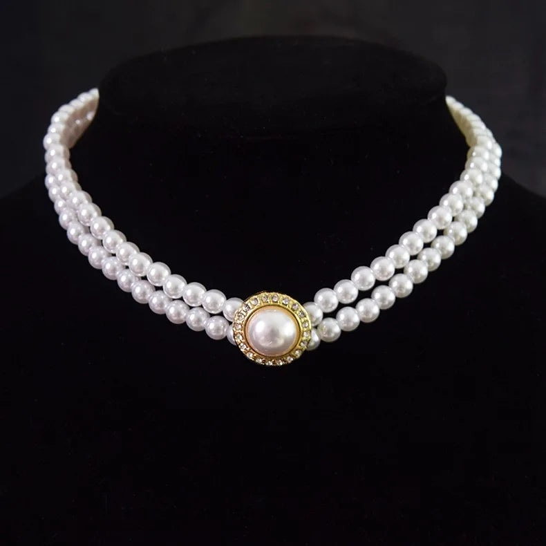 Women Elegant Pearl Double Layers Necklace Earrings Exquisite Vintage Classic Chains For Lady Party Wedding Retro Jewelry Choker