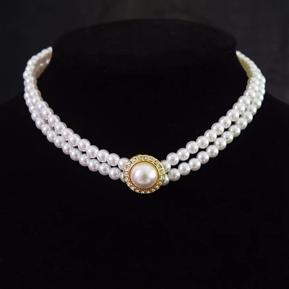 Women Elegant Pearl Double Layers Necklace Earrings Exquisite Vintage Classic Chains For Lady Party Wedding Retro Jewelry Choker