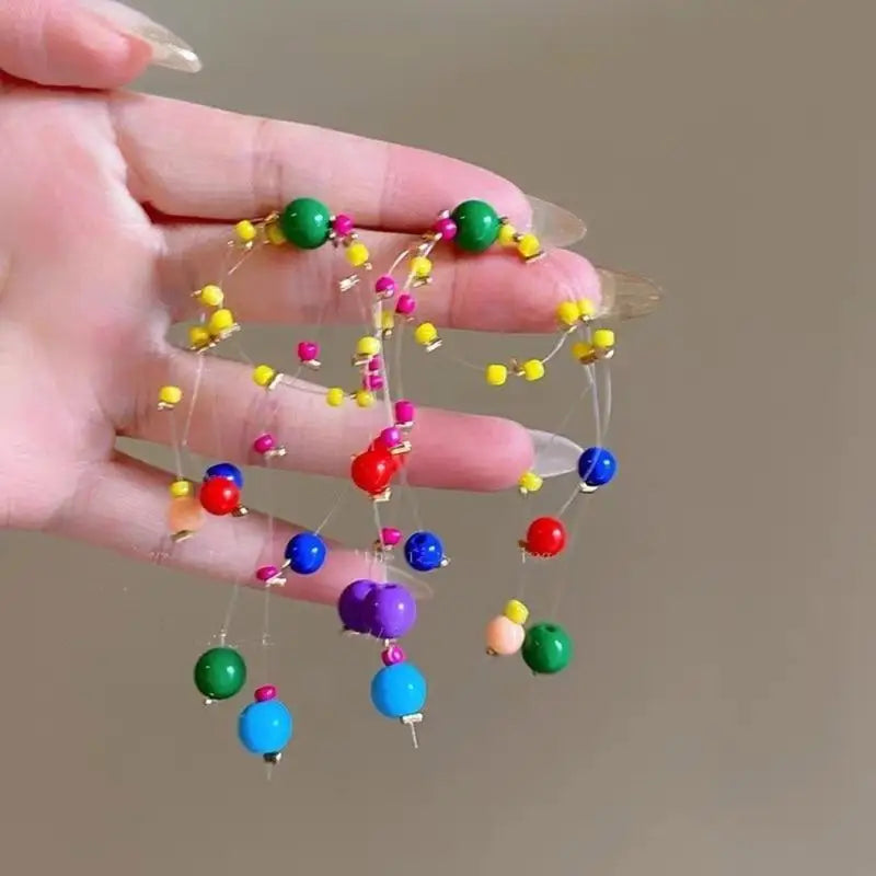 Long Colorful Earrings with Beads Colorful Beaded Earrings Eye Catching Earwear