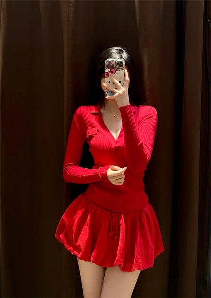 Women's Tops New Fall 2025 Solid Color Long Sleeve Lapel Slim Knit Top Sexy V-Neck Design Casual Fashion Personality Versatile