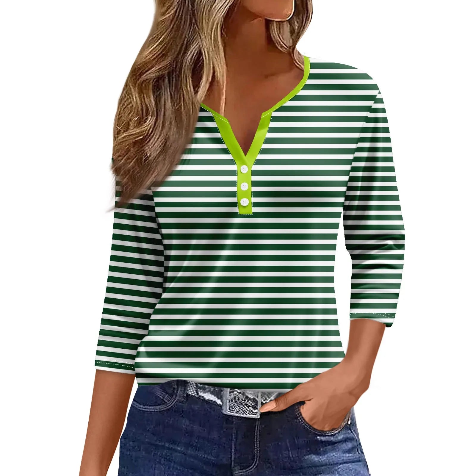 Tops For Women Women'S T Shirt Tee Print Button 3/4 Sleeve Daily Weekend Fashion Basic V Neck Regular Top Ropa De Mujer New