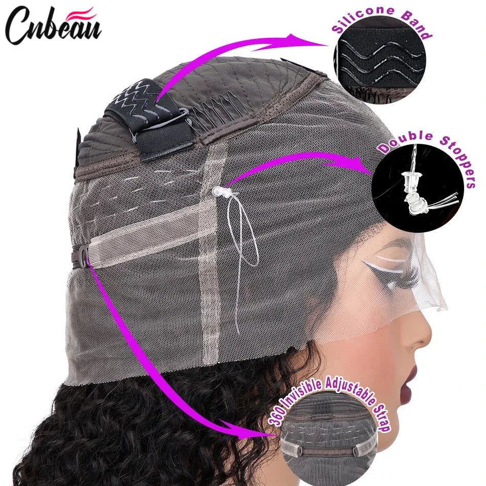 Invisi Strap Water Wave High 250 Density 360 Full Lace Front Kinky Curly Wig 30 inch Black Human Hair Drawstring Snug Preplucked