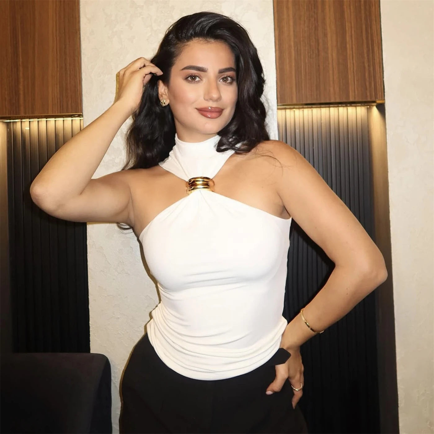 Women Fashion Sexy Tank Top Turtleneck Sleeveless Off-Shoulder Pullover Y2K Vest Summer Hanging Neck Cropped Tops Party Street