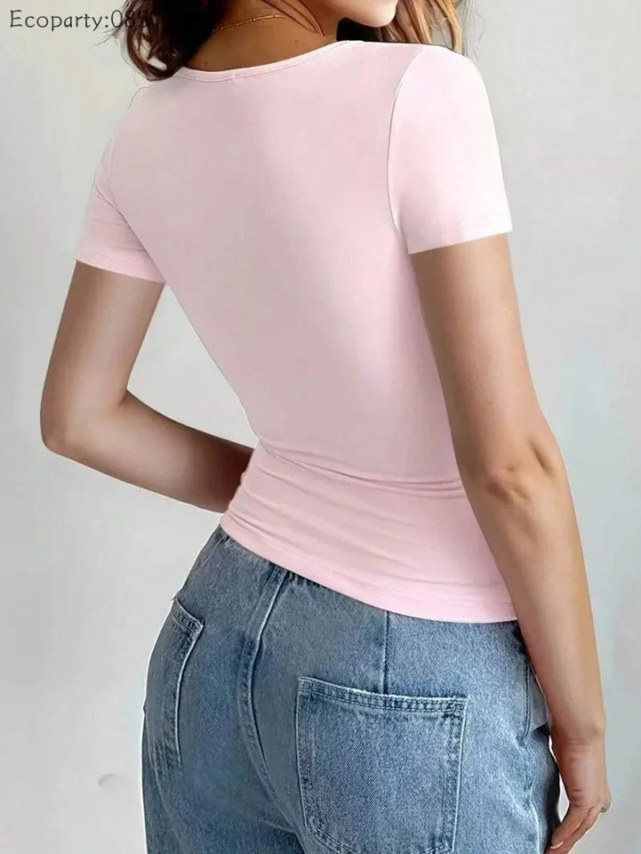Summer Women's Tops Causal Basic T-Shirts Scoop Neck Short Sleeved Crop Tops Cute Slim Fit Tees Pullovers Clothing Y2K 2025 New
