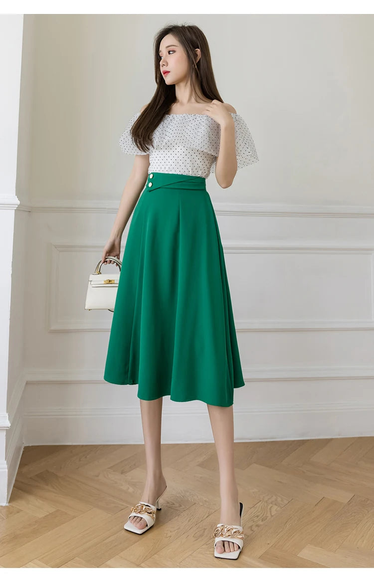 Women's Skirts High Waist Sweet Girl's Mid-calf Skirt Solid Skirts for Women Vintage Long Fashion 2023 Kawaii Summer Women Skirt