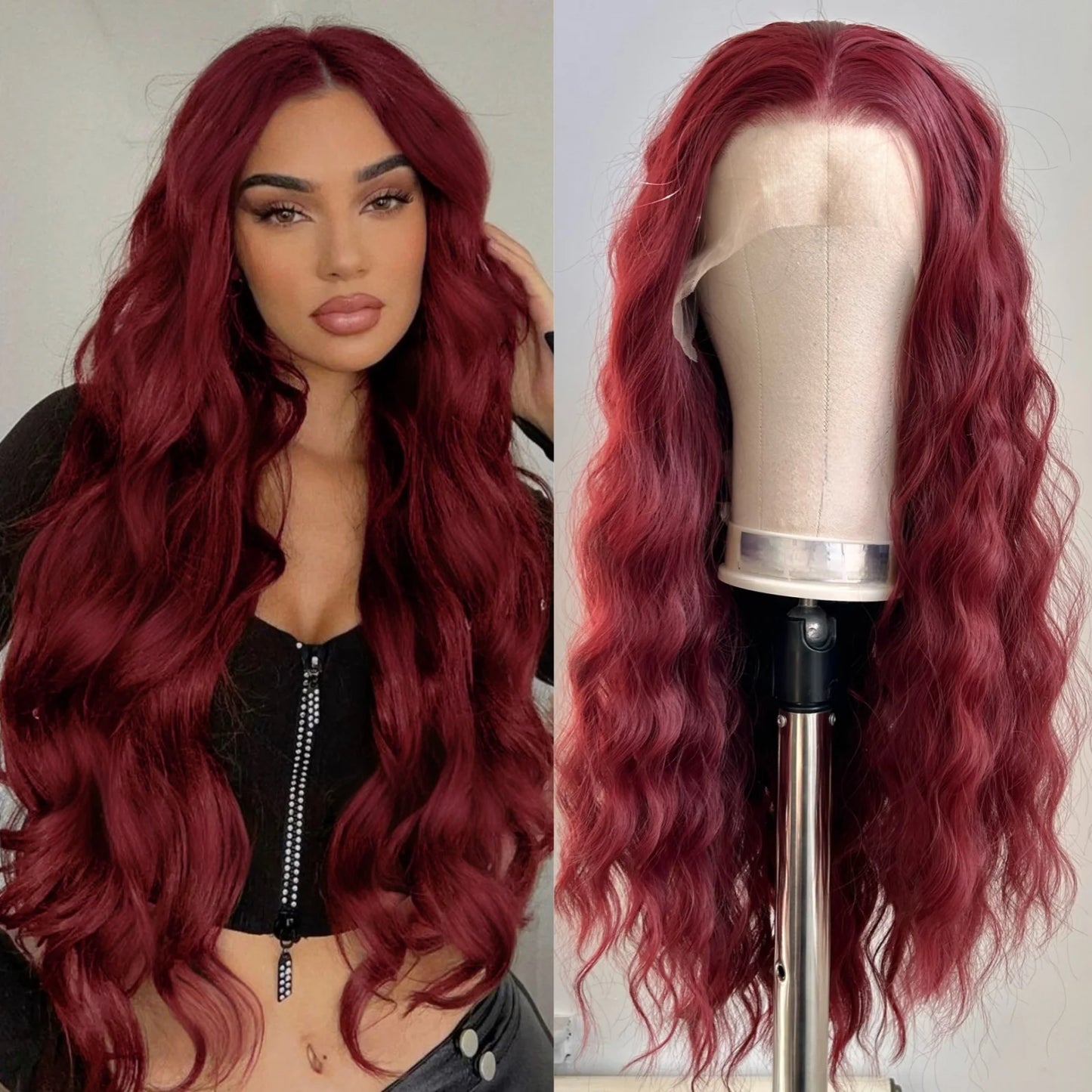 Long Wine Dark Red Wavy for Women Synthetic Free Part Loose Curly Burgundy Heat Resistant Fiber Wigs for Daily Party Cosplay
