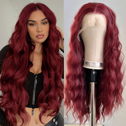 Long Wine Dark Red Wavy for Women Synthetic Free Part Loose Curly Burgundy Heat Resistant Fiber Wigs for Daily Party Cosplay