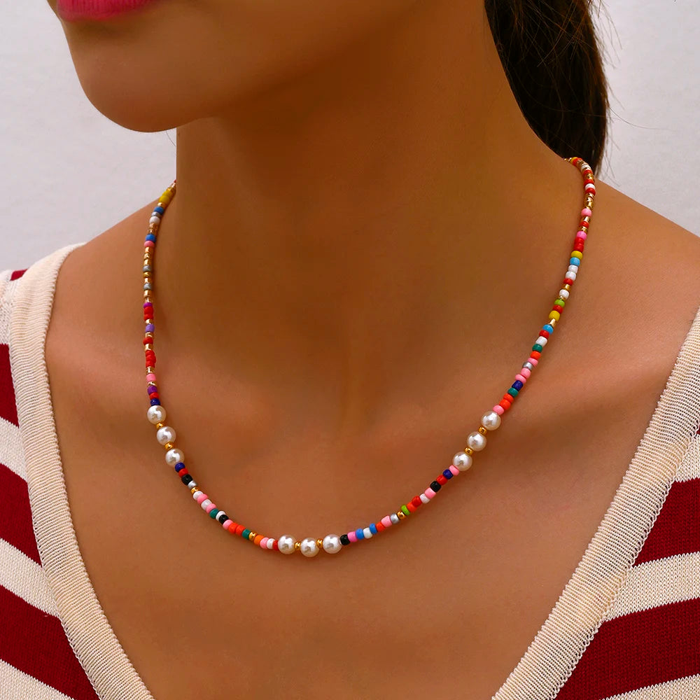 Bohemian Handmade Colorful Beads Chain Fashion Necklaces Tassels Pearl Pendant Jewelry For Women Accessories N0368