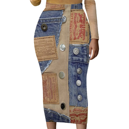 Womens Long Cotton Patchwork Stretch Denim Skirt a Line Flared Jean Maxi Skirt