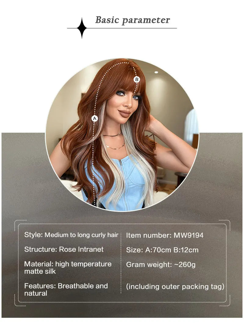 7JHHWIGS Long Body Wave Copper Highlight Beige Wig for Women High Density Synthetic Layered Modest Fashion Wigs with Neat Bangs