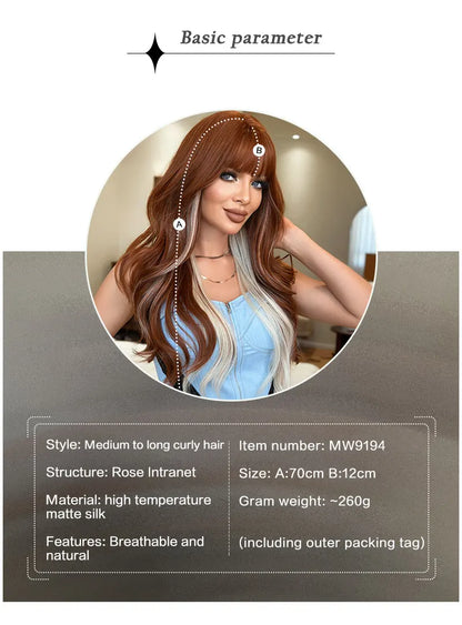 7JHHWIGS Long Body Wave Copper Highlight Beige Wig for Women High Density Synthetic Layered Modest Fashion Wigs with Neat Bangs