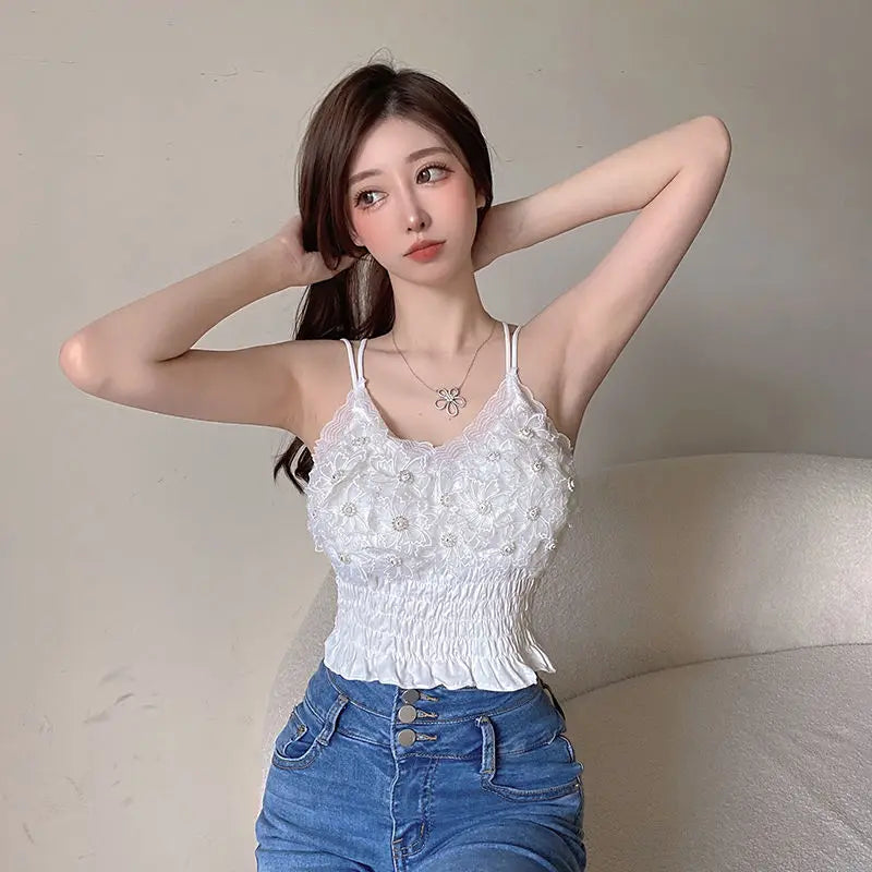 Summer Woman Clothes y2k Tops French Diamond Appliqué Camisole Bottoming Shirt Lace Crop Top Women's Folds Spaghetti Strap Tops