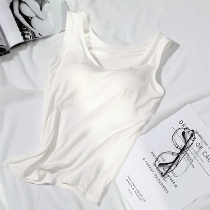 Women's Vest Tops With Built In Bra Neck Vest Padded Slim Fit Tank Tops Sexy Shirts Feminino Casual Underlay shirt slimming