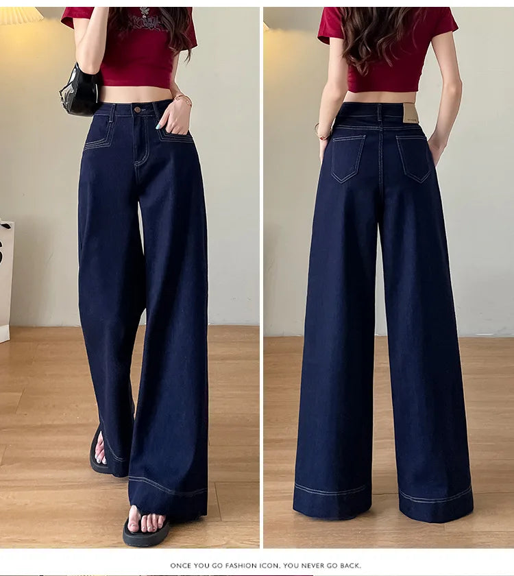 Women's New Jeans Dark Blue Wide Leg Loose Jeans Female Spring and Fall New High-Waisted Loose Straight Jeans Wide Leg Pants