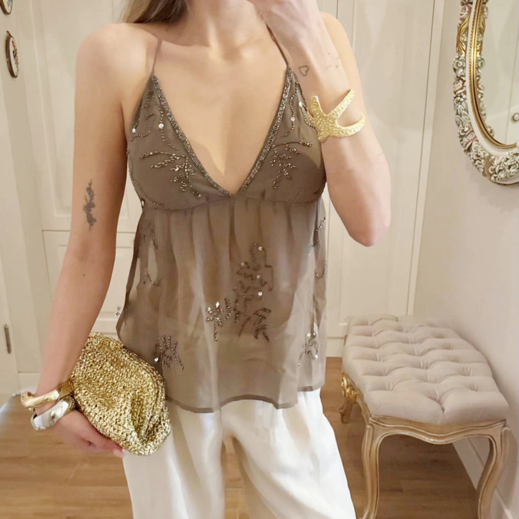Women Halter Top Tie-Up Sleeveless Tops Shiny Beaded Summer Vest For Beach Vacation Summer Party Daily Wear Streetwear