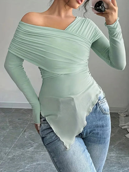 Women's Tops Summer Casual Fashion V-Neck Long Sleeve Strapless Top T-Shirt Women Clothing Feminist Shirt Harajuku Y2k Top