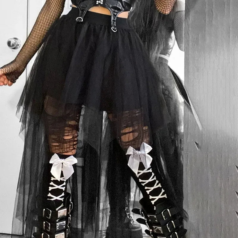 Casual Skirts Punk Sexy Net Yarn High-Waisted Irregular Skirt for Women Summer New European and American Gothic Style Versatile