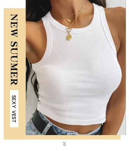 Women's Tank Top Crop Sexy Off Shoulder O Neck Solid Ribbed Knitted Casual Sport Vest Basic Elastic Camisole