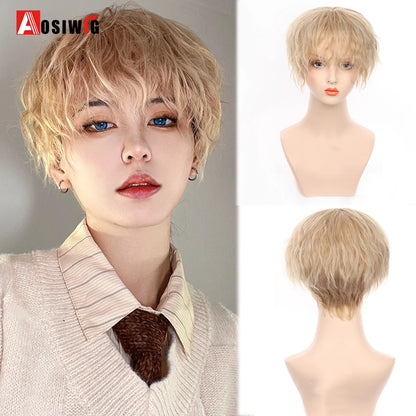AOSIWIG  Short Curly Cosplay Men Boy Party Light Yellow Synthetic Heat Resistant Hair Wigs Men's Breathable Wig