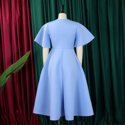 Dress Women Sexy Dresses White Round Neck Flare Sleeve Party Sheath Pleated High Waist Work Elegant Bodycon Mid Length Vestidos