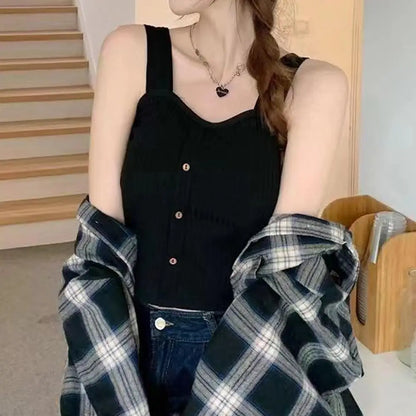 Women's Ribbed Tank Tops Y2K Cropped Tops with Bra Pads Knitted Button Down Suspenders Vest Sexy Camisole Female Short Tops