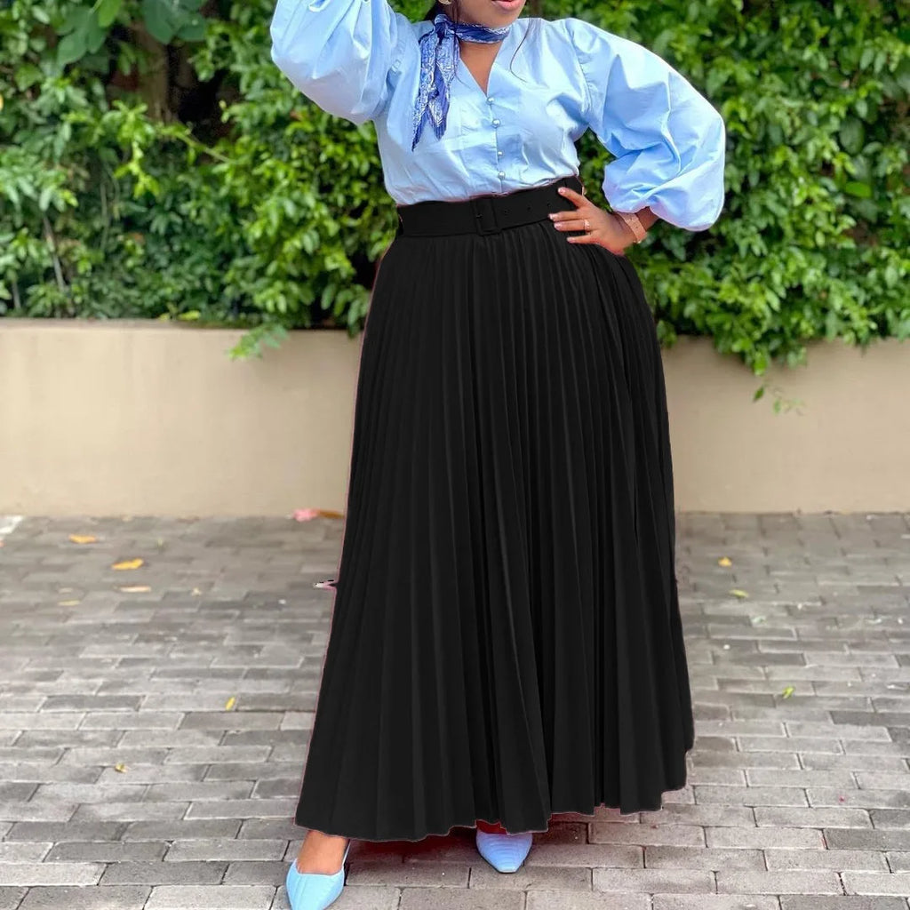 Elegant Pleated Skirts for Woman 2024 New High Waisted Belt Waisted Ankle Length Autumn Winter Wear Bottoms Skirts Clothes Hot