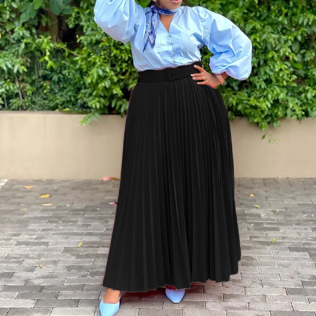 Elegant Pleated Skirts for Woman 2024 New High Waisted Belt Waisted Ankle Length Autumn Winter Wear Bottoms Skirts Clothes Hot
